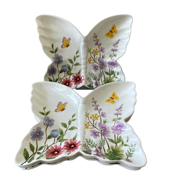 MAXCERA Spring Floral Butterfly Shaped Ceramic Dinner Plates 11x9 Set of 4 New - Picture 2 of 16